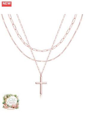 Stackable Dainty 14K Gold Plated Layered Necklace Set with Hearts, Cross, Bow &